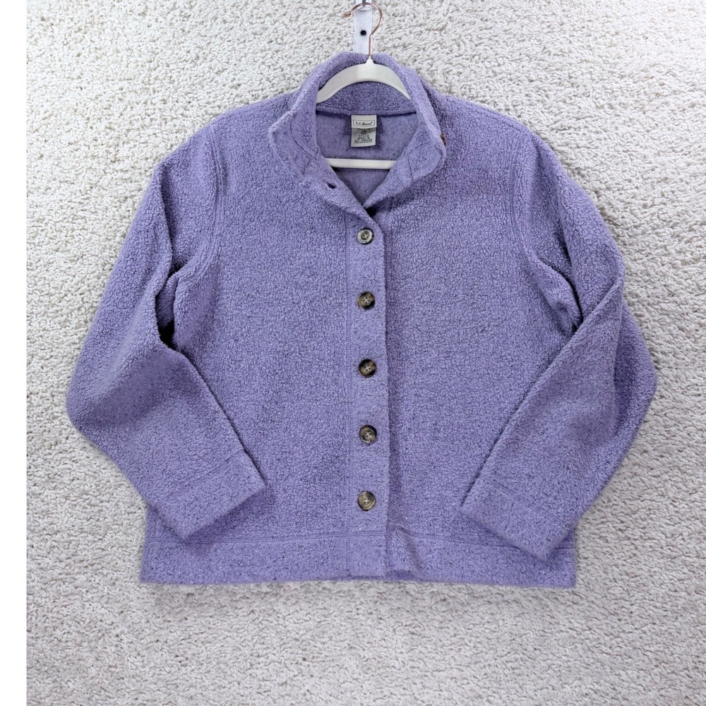 Womens Small LL Bean Fleece Cardigan Purple Sherpa Button Up Jacket Preppy Boho